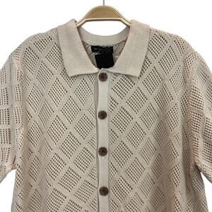 Art of Rhetoric Crochet Camp Shirt Men L Beige Diamond Knit Button Up Beach NWT